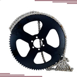 75 Tooth #35 Chain Rear Wheel Sprocket for the Oryxearth 105CC 4-Stroke Mini Bike, showing a close-up of the black gear with attached chain and six inner mounting holes.