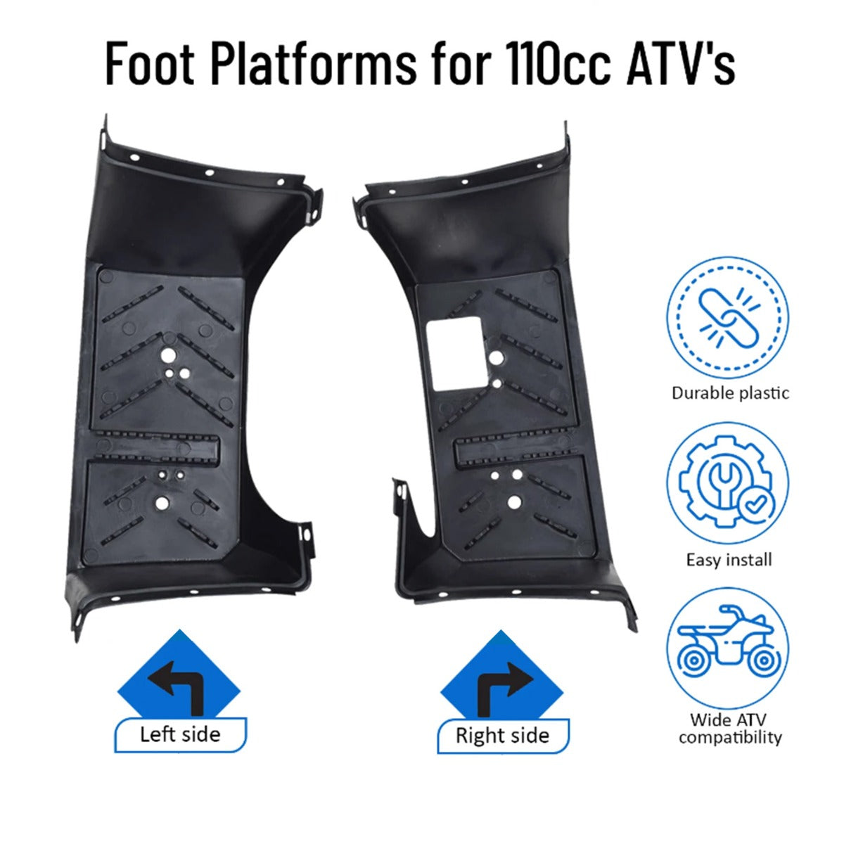 Foot Platforms for 110cc ATVs: A pair of black plastic footrest platforms with mounting holes, suitable for TaoTao and Coolster models, designed for easy replacement on various Chinese-made 110cc ATVs.