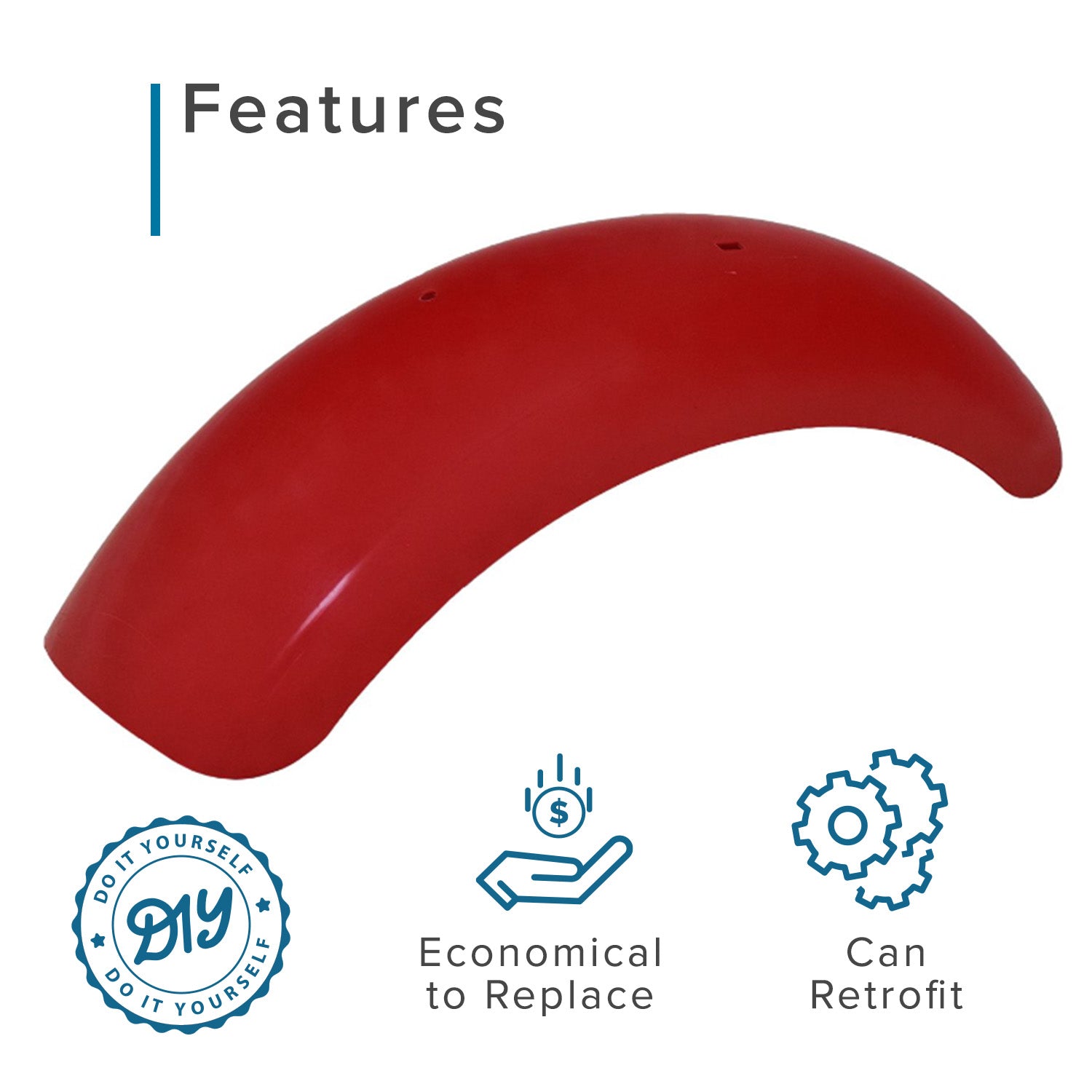 Plastic Front Fender for the Baja MB165 & MB200 Mini Bike, featuring a red design with text overlay, holes, and a logo visible, suitable for retrofitting on earlier MB165 models.