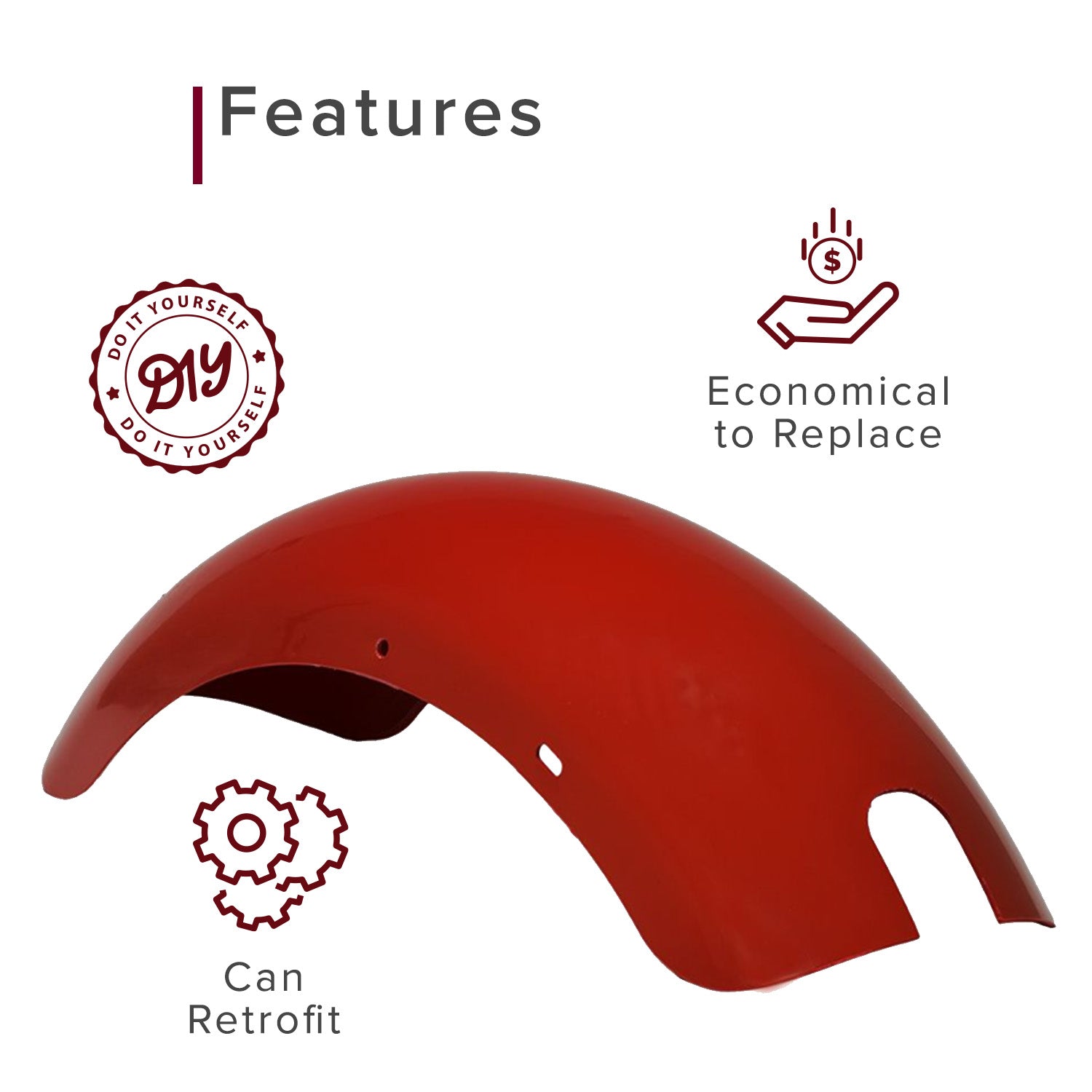 Seat & Fender Cosmetic Refresh Mini Bike Kit featuring a red fender with visible gears, logos, and text overlays. This kit includes durable, retrofittable fenders and a wide black vinyl saddle.