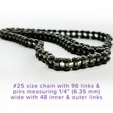 96 Link #25 Chain for scooters, featuring a close-up view of several interconnected metal links. Designed for Mongoose M250, Razor E300, and Razor Pocket Rocket models.