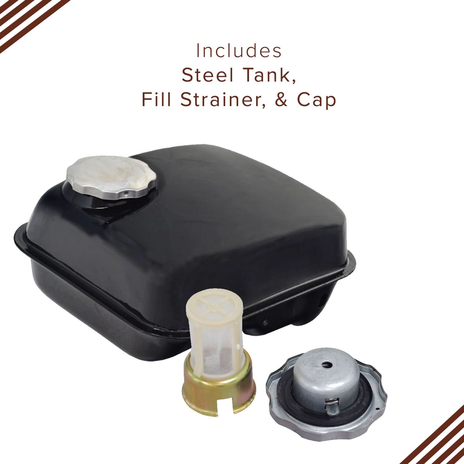Fuel Tank for the Coleman BT200X, CT200U Trail, & CT200U-EX Mini Bikes (Blemished) shown with a metal cap and fill strainer, highlighting its steel construction.
