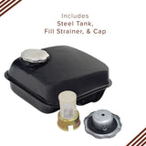 Fuel Tank for the Coleman BT200X, CT200U Trail, & CT200U-EX Mini Bikes (Blemished) shown with a metal cap and fill strainer, highlighting its steel construction.