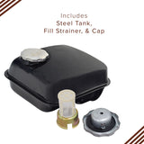 Fuel Tank for the Coleman BT200X, CT200U Trail, & CT200U-EX Mini Bikes (Blemished) shown with a metal cap and fill strainer, perfect for replacement or custom projects.