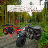 Fuel Tank for the Coleman BT200X, CT200U Trail, & CT200U-EX Mini Bikes (Blemished), shown close-up with steel tank, fill strainer, and cap, parked on a dirt road alongside two motorcycles.