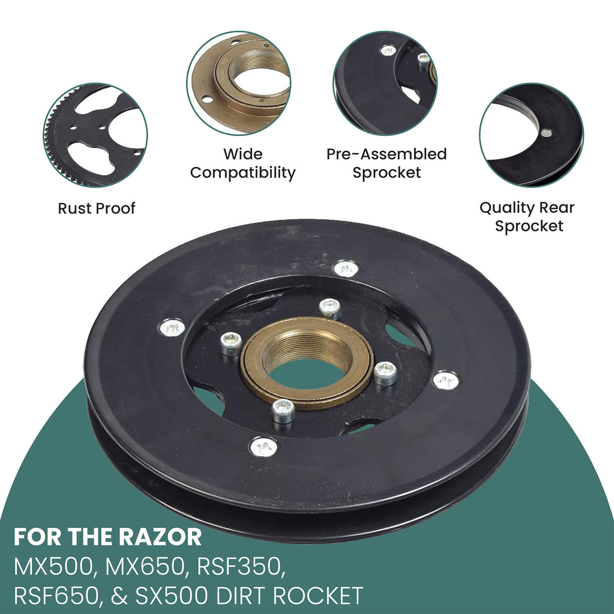 Rear Sprocket, Freewheel, & Chain Plate Guides for the Razor MX500, MX650, RSF350, & SX500 Dirt Rocket, featuring a black metal pulley with a gold nut and detailed sprocket mechanism.