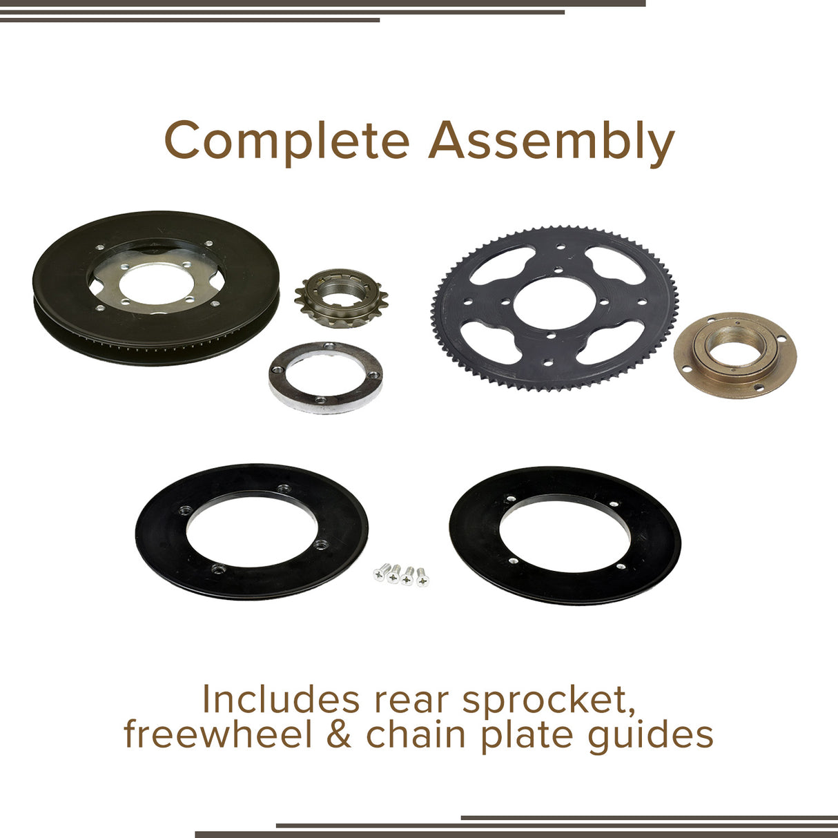 Rear Sprocket, Freewheel, & Chain Plate Guides for the Razor MX500, MX650, RSF350, & SX500 Dirt Rocket, featuring a group of metal gears, screws, and circular components laid out together.