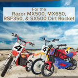 Rear Sprocket, Freewheel, & Chain Plate Guides for the Razor MX500, MX650, RSF350, & SX500 Dirt Rocket displayed with dirt bikes in a desert setting.