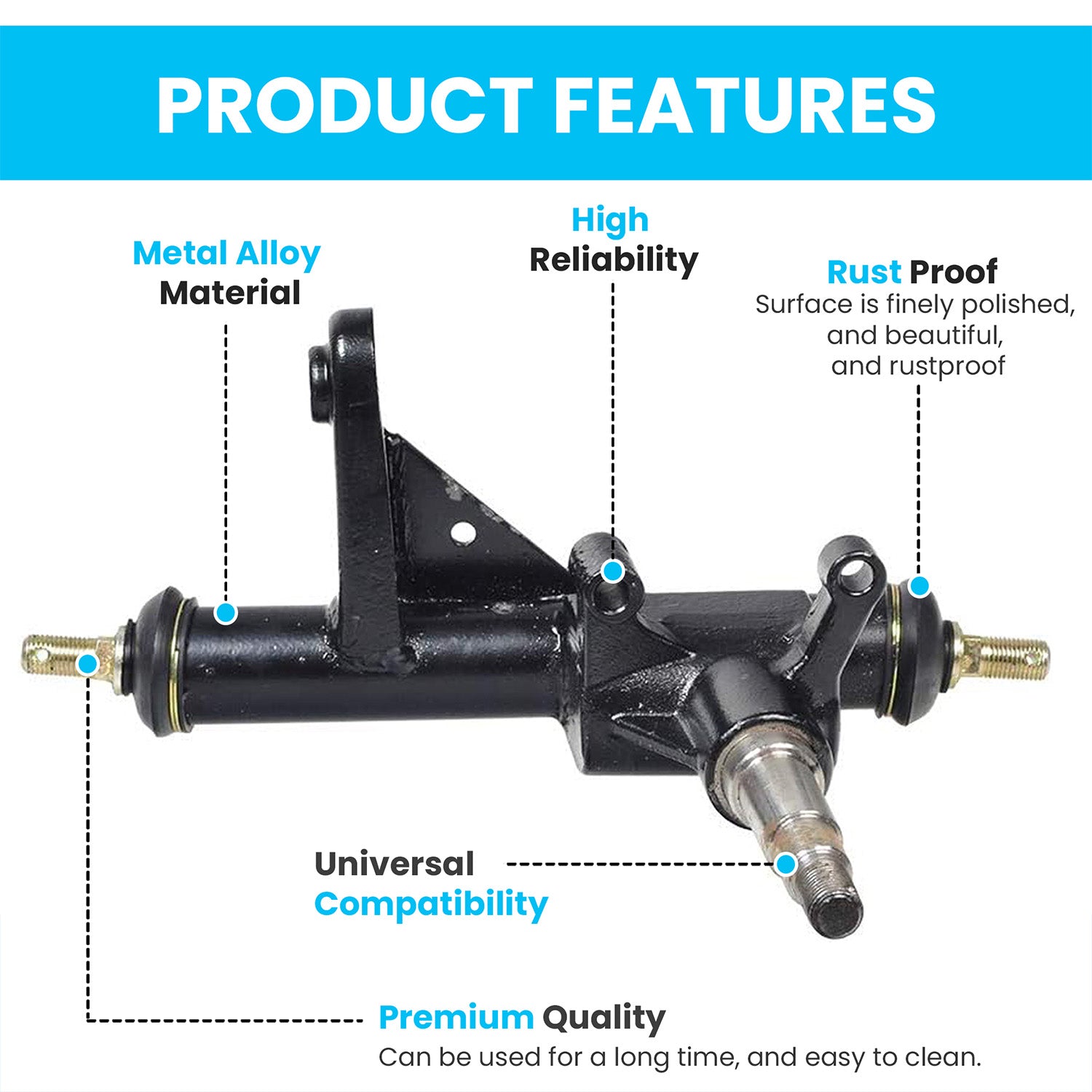 Left & Right Strut Spindle for 150cc - 250cc Go-Karts & Dune Buggies, shown as a black metal cylinder with visible text, essential for front suspension in go-karts and dune buggies.