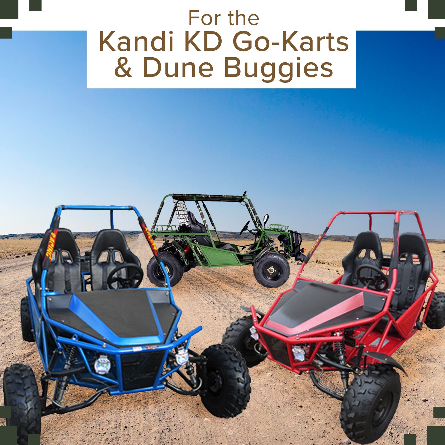 Left & Right Strut Spindle for 150cc - 250cc Go-Karts & Dune Buggies; the image shows four off-road vehicles in a desert, highlighting the durability and compatibility of the strut spindles.