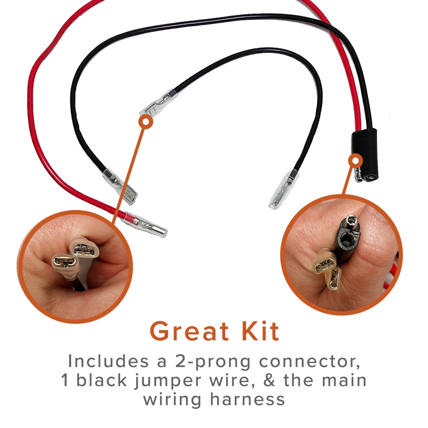 24 Volt Battery Wiring Harness Kit for Schwinn, GT, IZIP, eZip, & Mongoose Scooters; close-up of hand holding plugs and wire, showcasing connectors and wiring details.