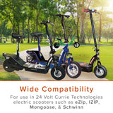 24 Volt Battery Wiring Harness Kit for Schwinn, GT, IZIP, eZip, and Mongoose Scooters. Image shows scooters parked on a sidewalk with close-ups of wheels and a logo in the background.