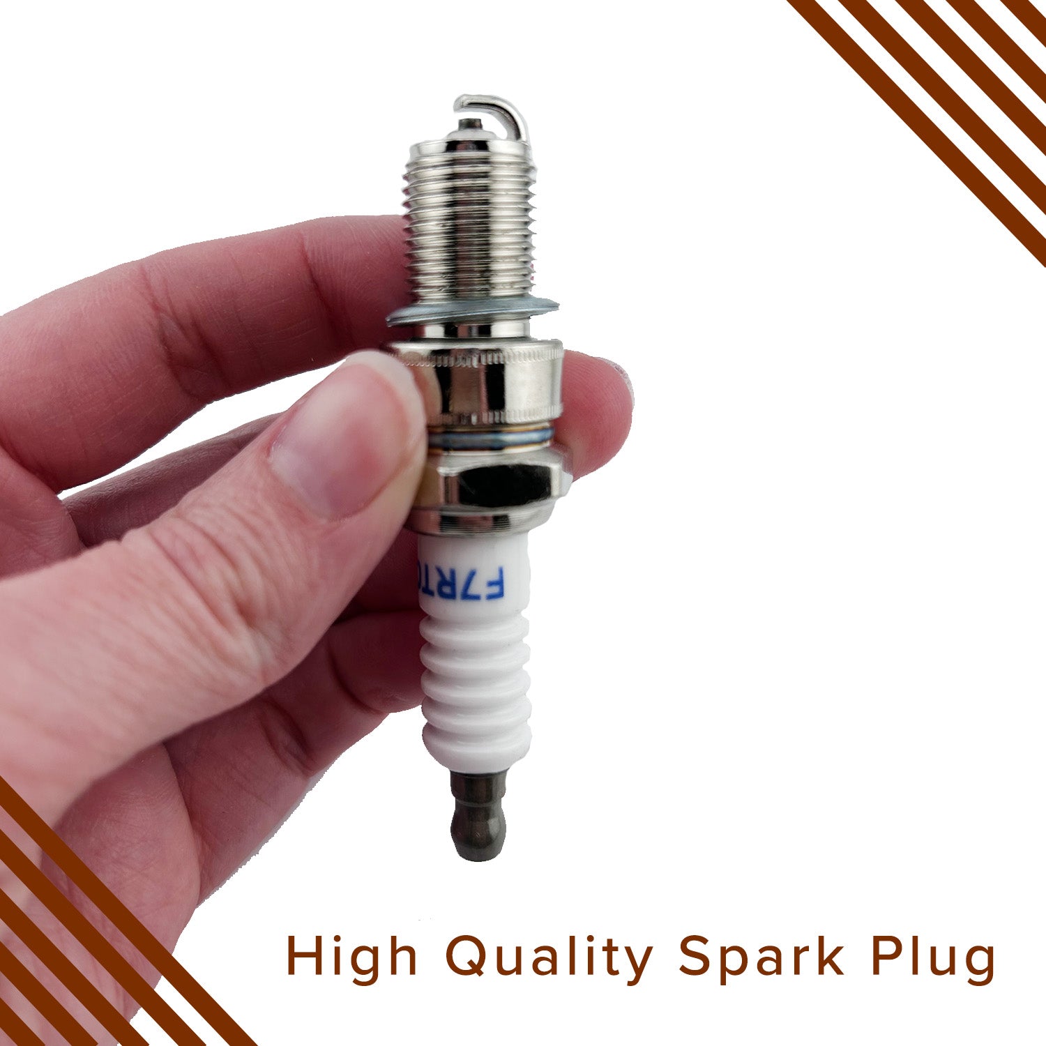 Hand holding a spark plug for the Baja Mini Bike MB165 & MB200 (Baja Heat, Mini Baja, Baja Warrior), showcasing the high-quality metal component essential for various small 6.5 hp gas engines.