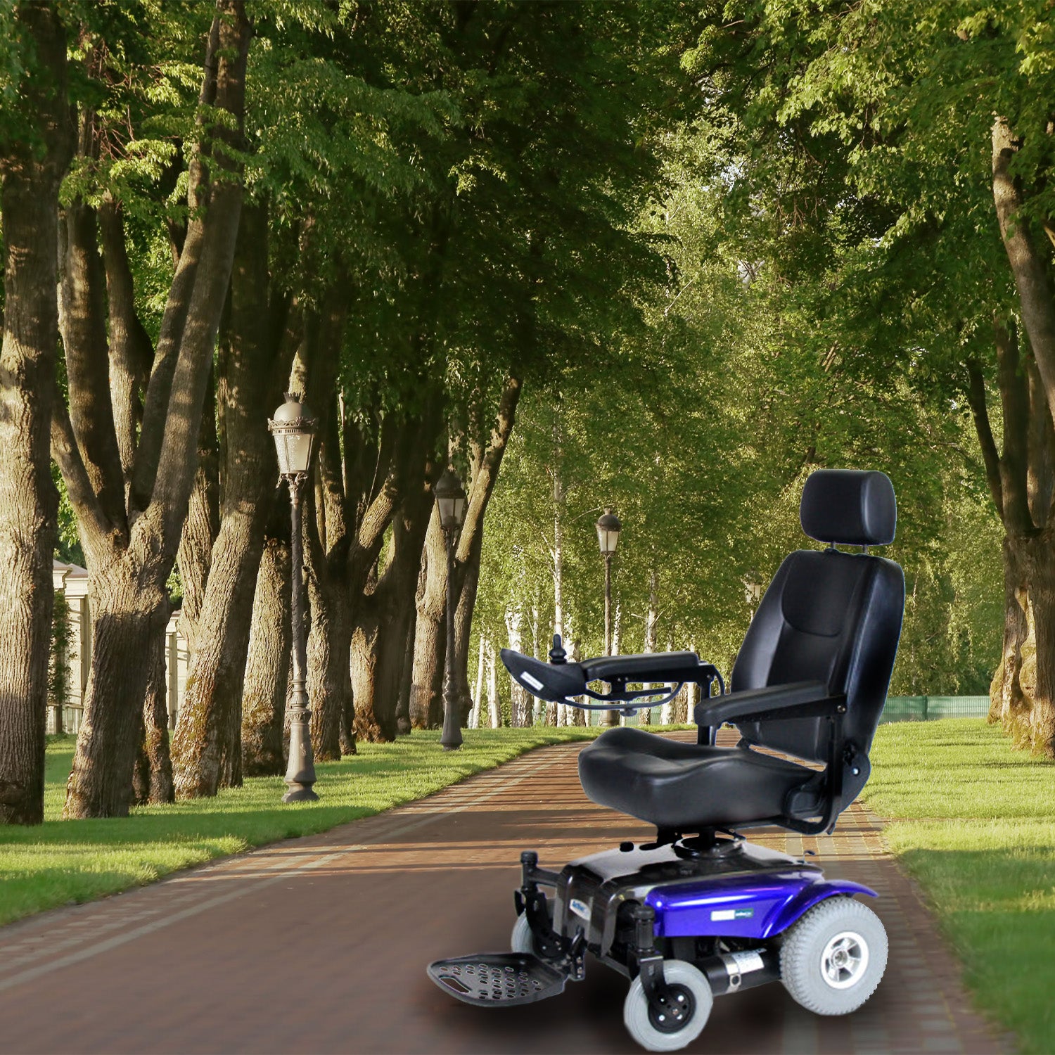 10x3 (3.00-4, 260x85) Pneumatic Mobility Tire with C248 Powertrax Tread mounted on a blue electric wheelchair, positioned on a tree-lined path.