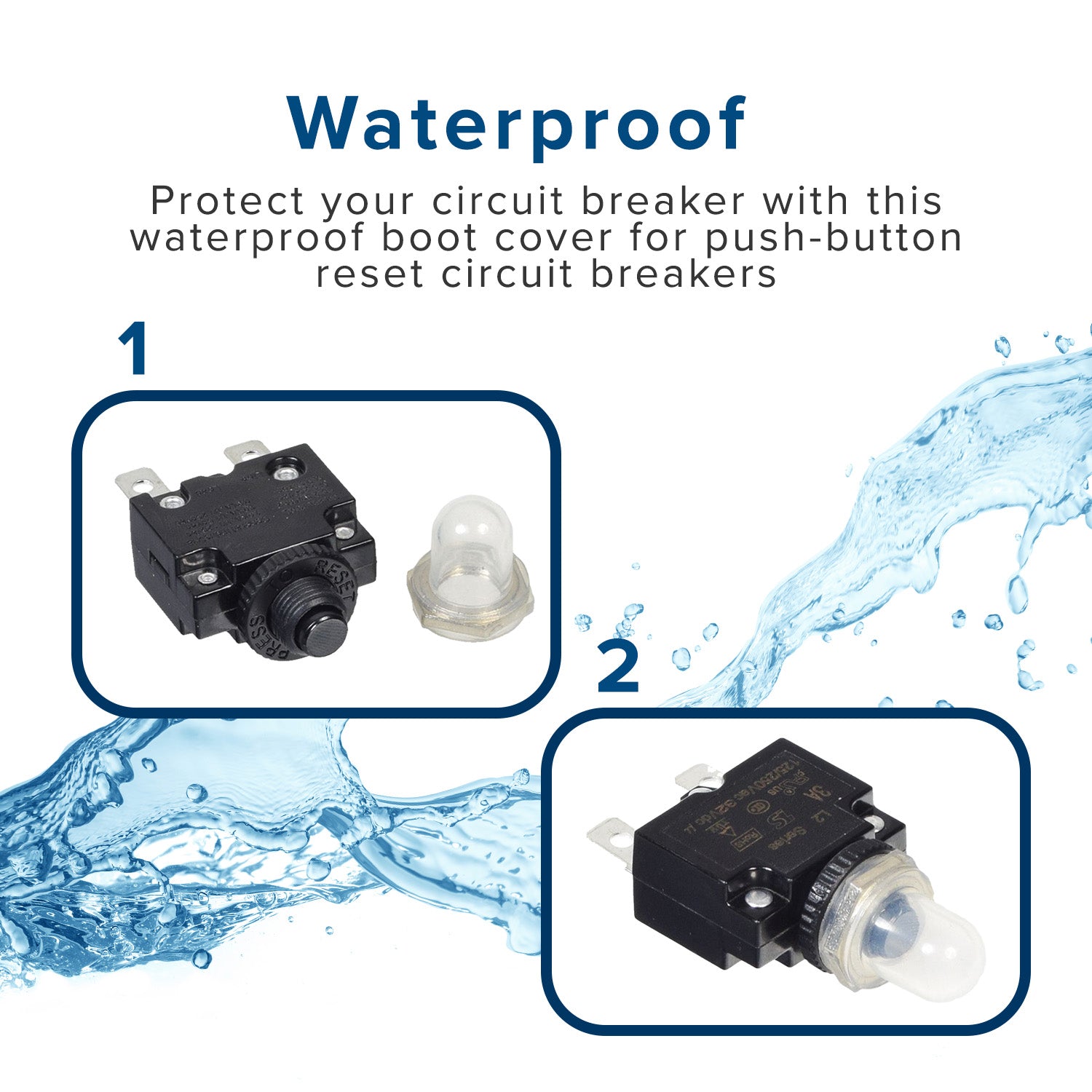 Waterproof Boot Cover for Push-Button Reset Circuit Breakers; clear plastic cap snugly fits over the reset button, shielding it from moisture. Features a glass tube and bulb, ensuring protection for your breaker.