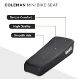 Seat for the Coleman CT200U Mini Bike, featuring a black cushion with white text, possibly displaying the Coleman logo. Ideal replacement for a worn-out mini bike seat.