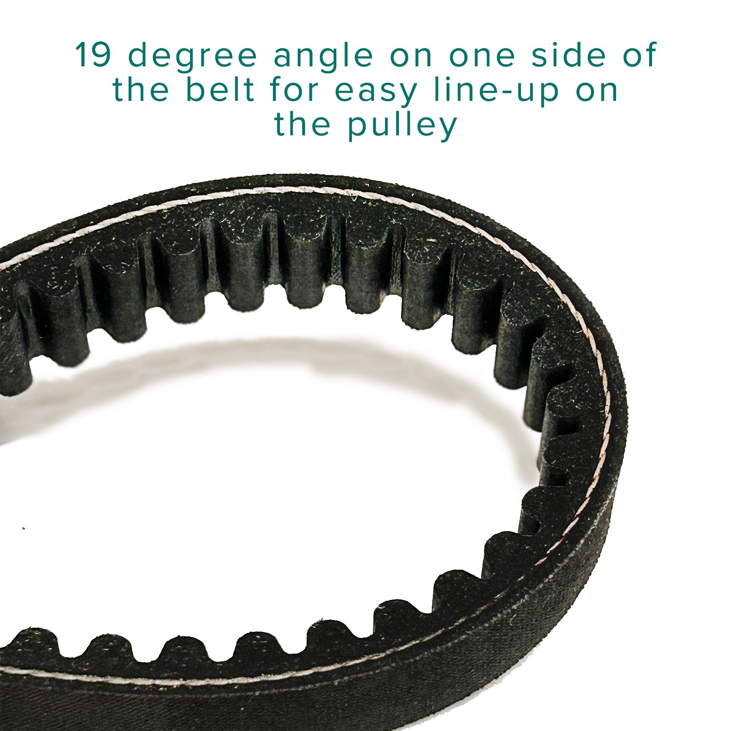 203590 Go-Kart Torque Converter Asymmetric Belt (Comet TAV2 Series 30 Replacement) shown close-up, displaying black belt with white stitching, asymmetric design, and precise angular detail for go-kart torque converters.