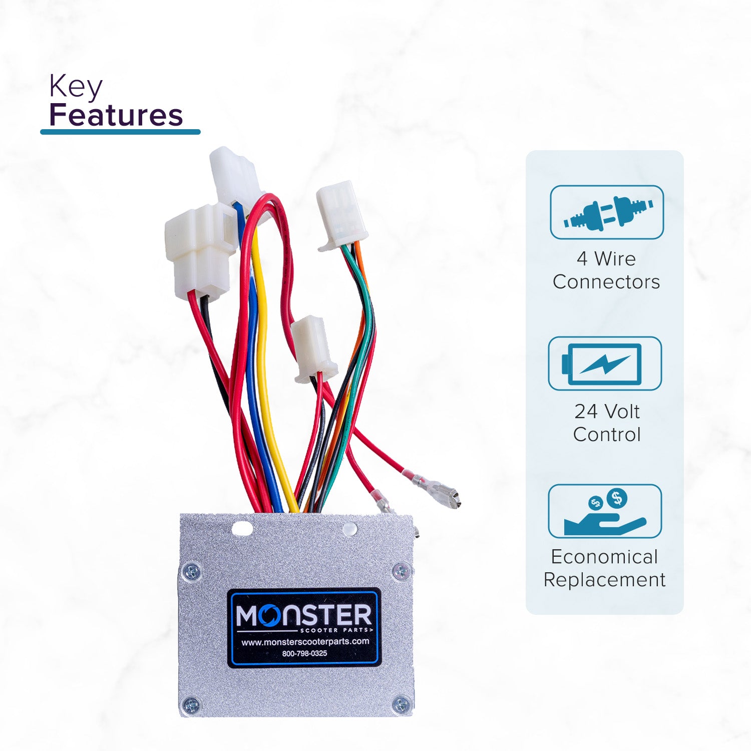 Close-up of the ZK2418-TYD6K-ROHS Control Module for the Razor Crazy Cart Shift (Versions 1+), showing various colorful wires and connectors essential for its functionality.