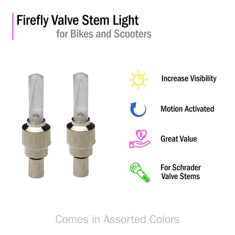 Firefly Valve Stem Light for Bikes & Scooters, a close-up of a motion-activated, transparent cylindrical LED light replacing a bike's Schrader valve cap, designed for enhanced visibility in low light conditions.