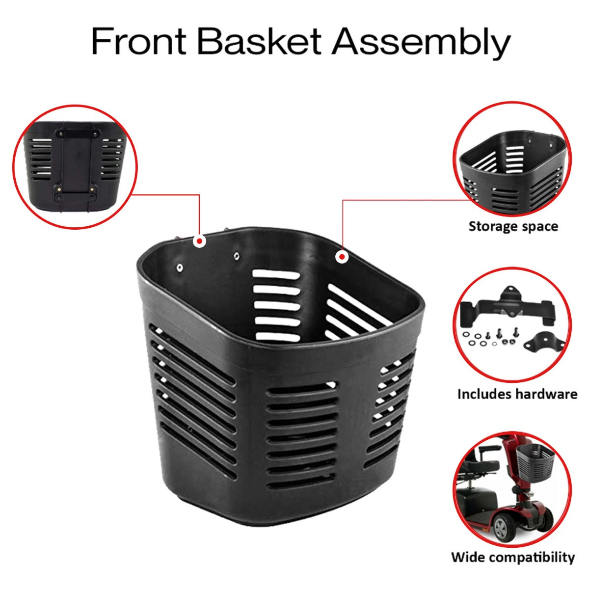 Front Basket Assembly for the Go-Go ES and Pride Travel Pro: black plastic oval basket with holes, designed for mounting on the scooter's front tiller, featuring durable and lightweight construction.