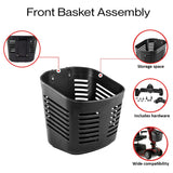 Front Basket Assembly for the Go-Go ES and Pride Travel Pro: black plastic oval basket with holes, designed for mounting on the scooter's front tiller, featuring durable and lightweight construction.