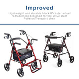 8 Rear Caster Wheel for the Drive Duet Rollator/Transport Chair & D-Lite Rollator (750N), shown close-up with visible tread and mounting bracket for replacement purposes.