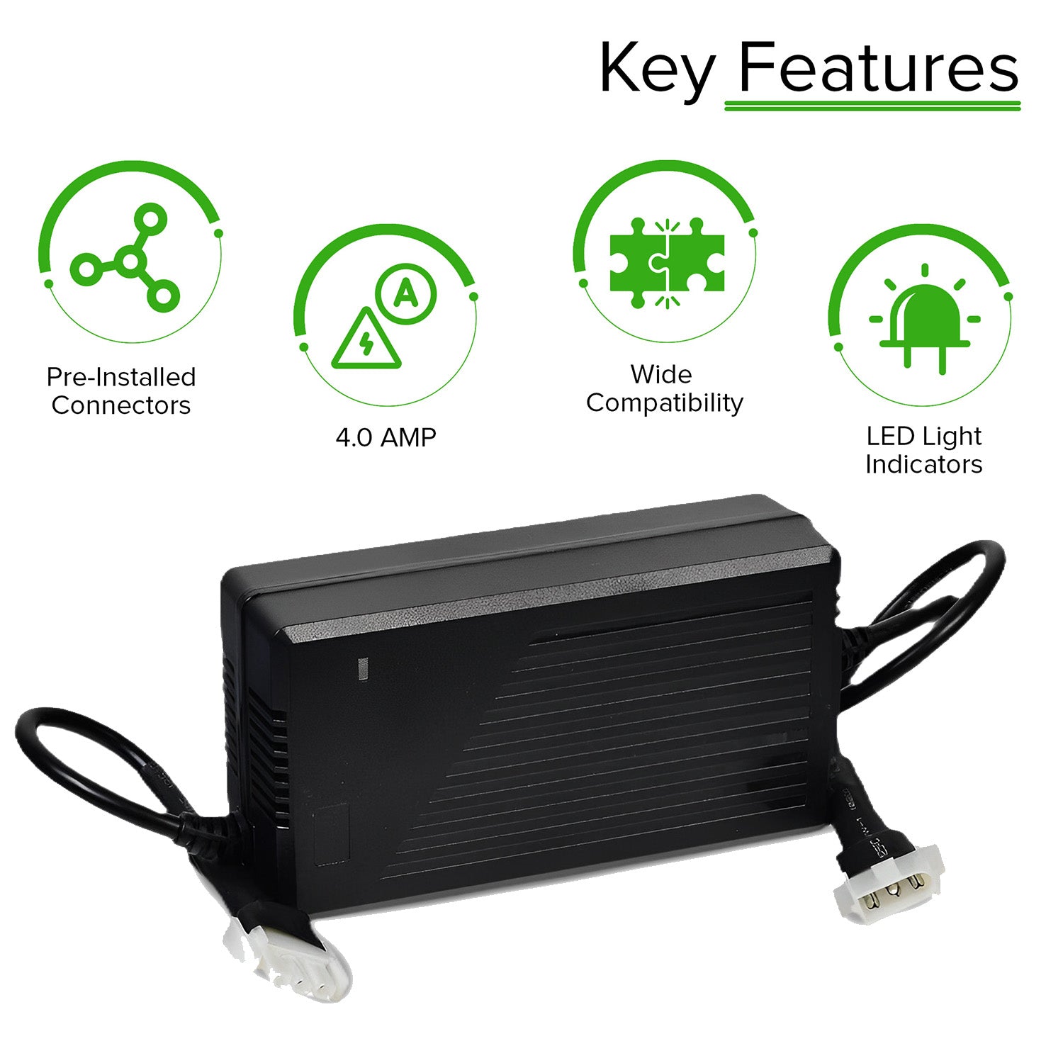 24 Volt 4.0 Amp PF2404SL On-Board Battery Charger for Jazzy power chairs, showcasing a black rectangular electronic device with connectors and LED indicators for charging status.