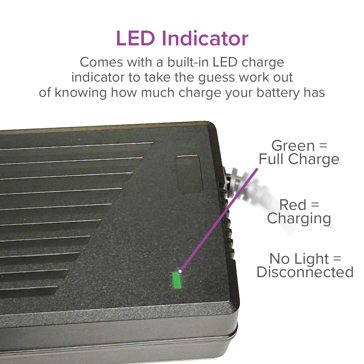 Close-up of the 24 Volt 4.0 Amp PF2404SL On-Board Battery Charger for Jazzy 1103, 1113, 1133, & 1143 Power Chairs, showing the device's connectors and LED indicators.