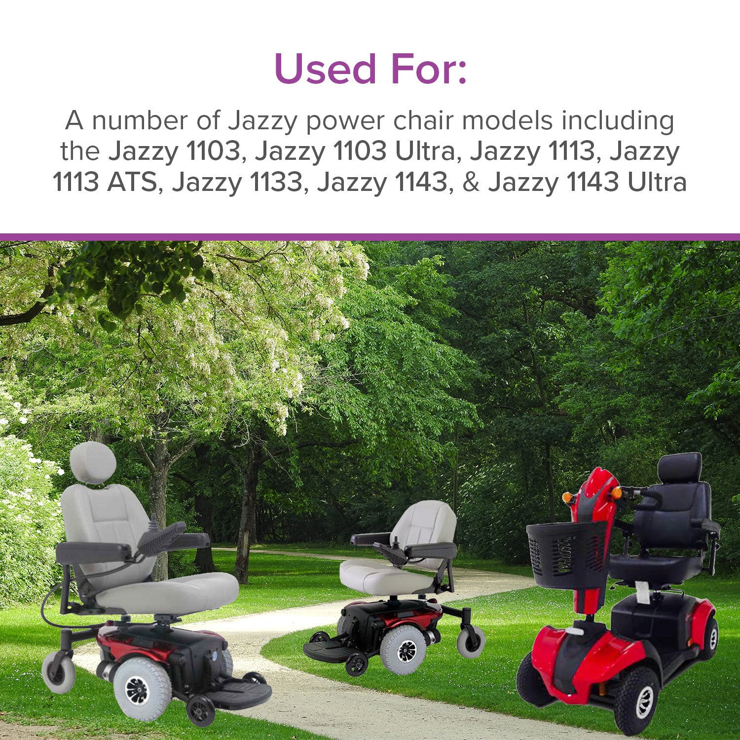 24 Volt 4.0 Amp PF2404SL On-Board Battery Charger for Jazzy 1103, 1113, 1133, & 1143 Power Chairs displayed among various electric wheelchairs in a park setting.