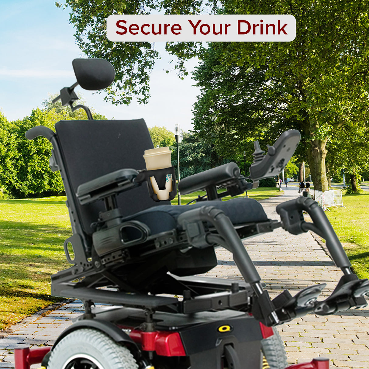 Cup Holder for Quantum Power Chairs with Tru-Balance Seating shown mounted on a wheelchair, featuring a secure attachment to the armrest with a cup placed in the holder.