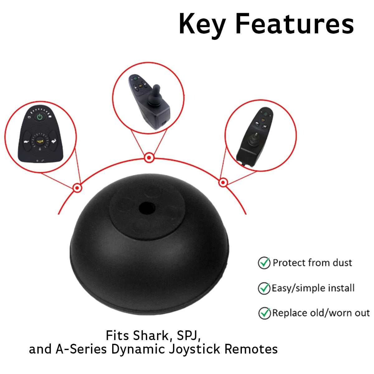 Joystick Skirt for Dynamic Joystick Remotes (Shark, SPJ+, and A-Series) - close-up view of a black rubber piece with red circles, fitting under joystick knobs to protect electronics in power chairs.