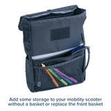 Removable Front Tiller Bag for Mobility Scooters featuring a black nylon design with a zipper pocket filled with pens. Ideal for replacing or adding front storage to your scooter.