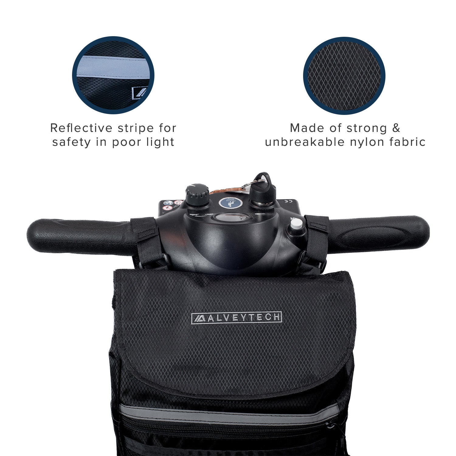 Removable Front Tiller Bag for Mobility Scooters, featuring black handlebars, buttons, and a logo, designed for adding or replacing front storage on scooters, enhancing durability and capacity.