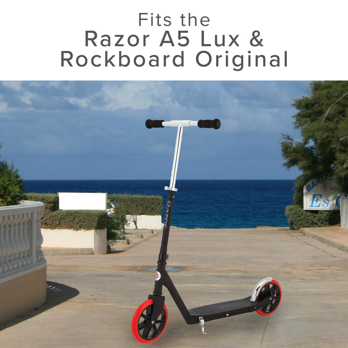 200 mm Wheel for the Razor A5 Lux & Carbon Lux Kick Scooter, shown on a sidewalk, featuring polyurethane material and a sleek design, suitable for various scooter models and enhancing riding performance.