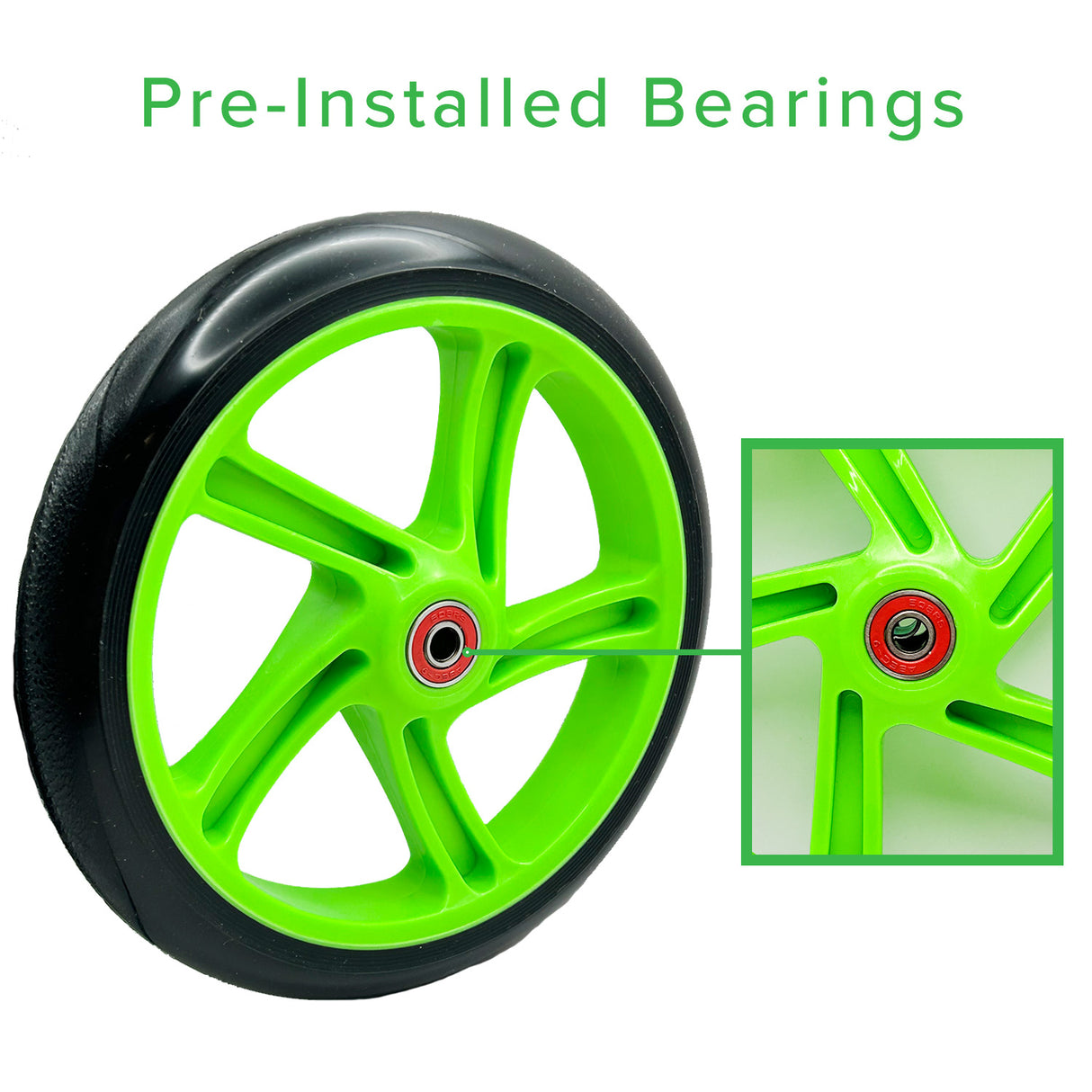 200 mm Wheel for the Razor A5 Lux & Carbon Lux Kick Scooter, featuring a green rim with a black tire and a red center, designed for durability and style.