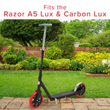 200 mm Wheel for the Razor A5 Lux & Carbon Lux Kick Scooter displayed in a garden, featuring a durable polyurethane tire and metal bearings, ideal for smooth and efficient rides.