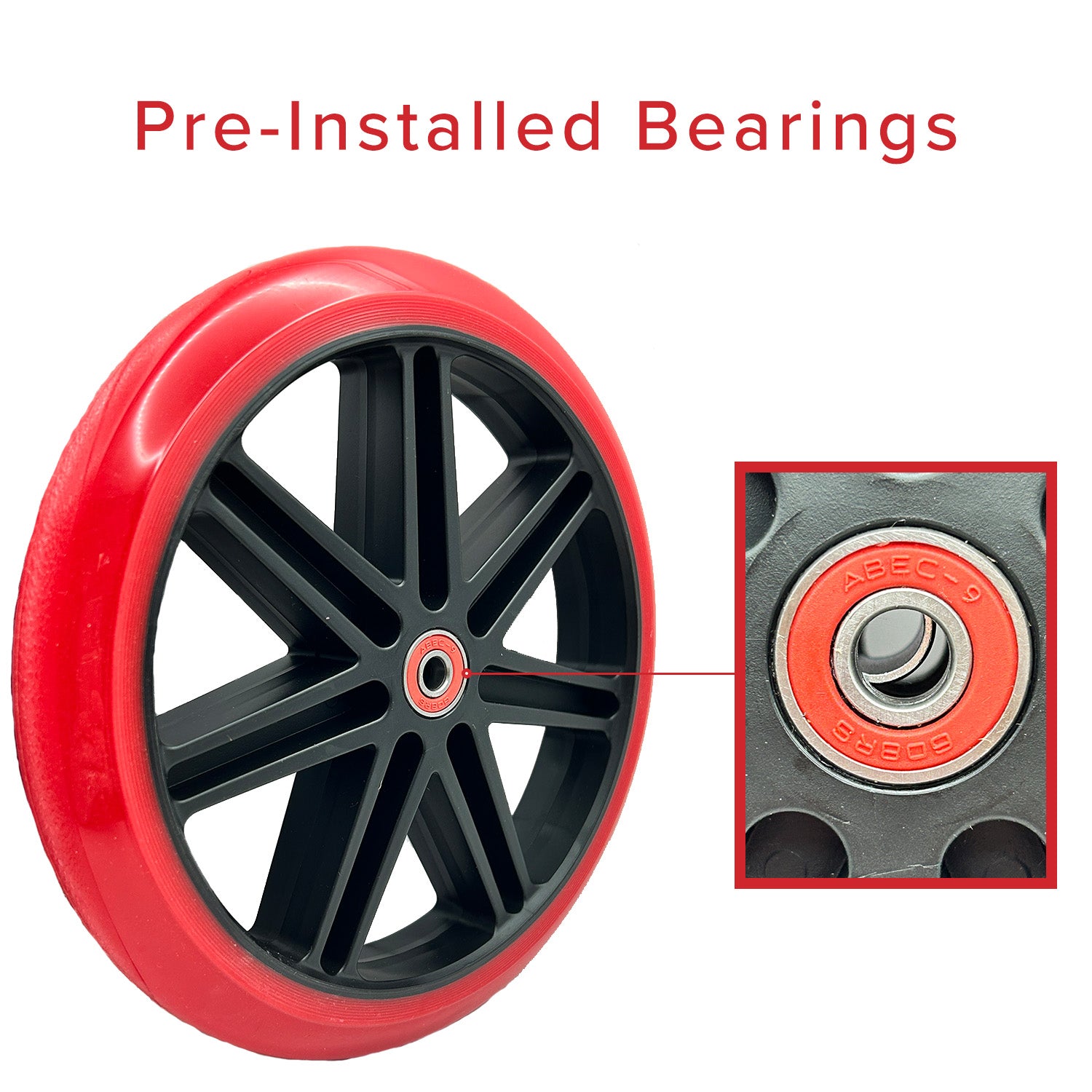 200 mm Wheel for the Razor A5 Lux & Carbon Lux Kick Scooter, featuring a red rim and high-quality bearings, designed for enhanced performance on various kick scooter models.