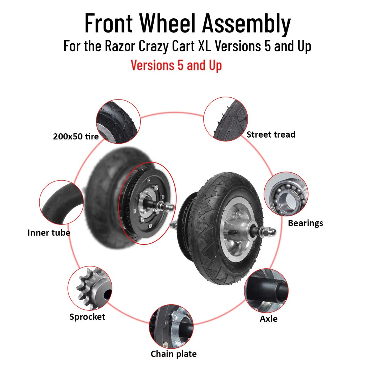 Front Wheel Assembly for the Razor Crazy Cart XL, showing a detailed diagram of the wheel, including the pneumatic tire, hub, rim, chain plate, sprocket, axle rod, and bearings.