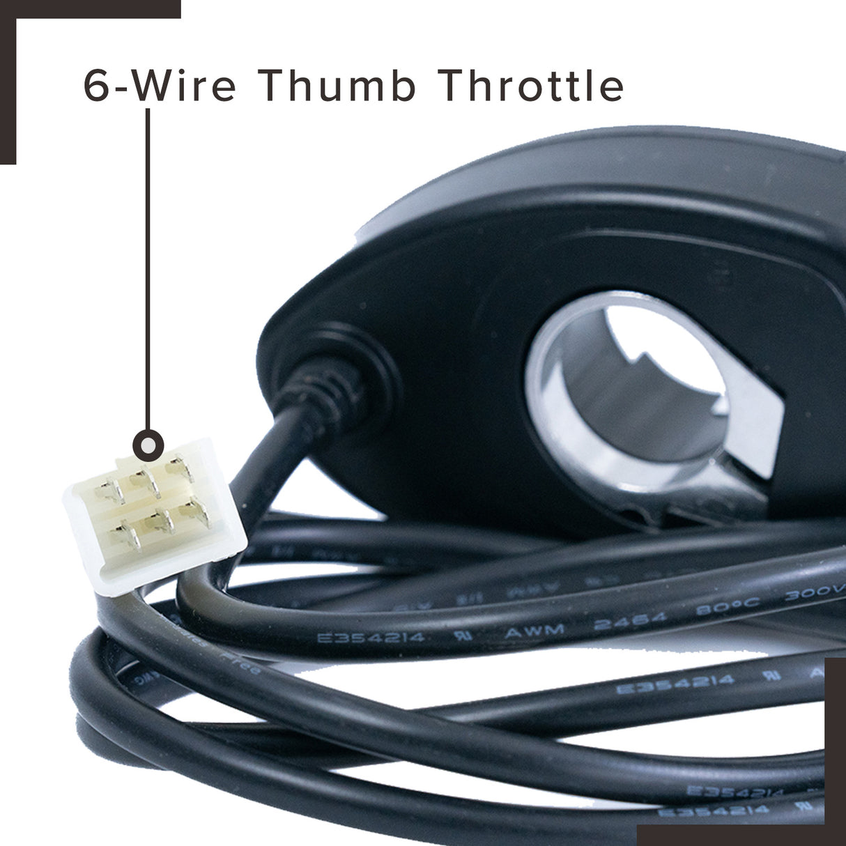 Razor Variable Speed 6-Wire Thumb Throttle for Razor Ground Force Drifter, Versions 3+. Close-up of black cable with single plastic connector, designed for easy installation on electric go-karts.