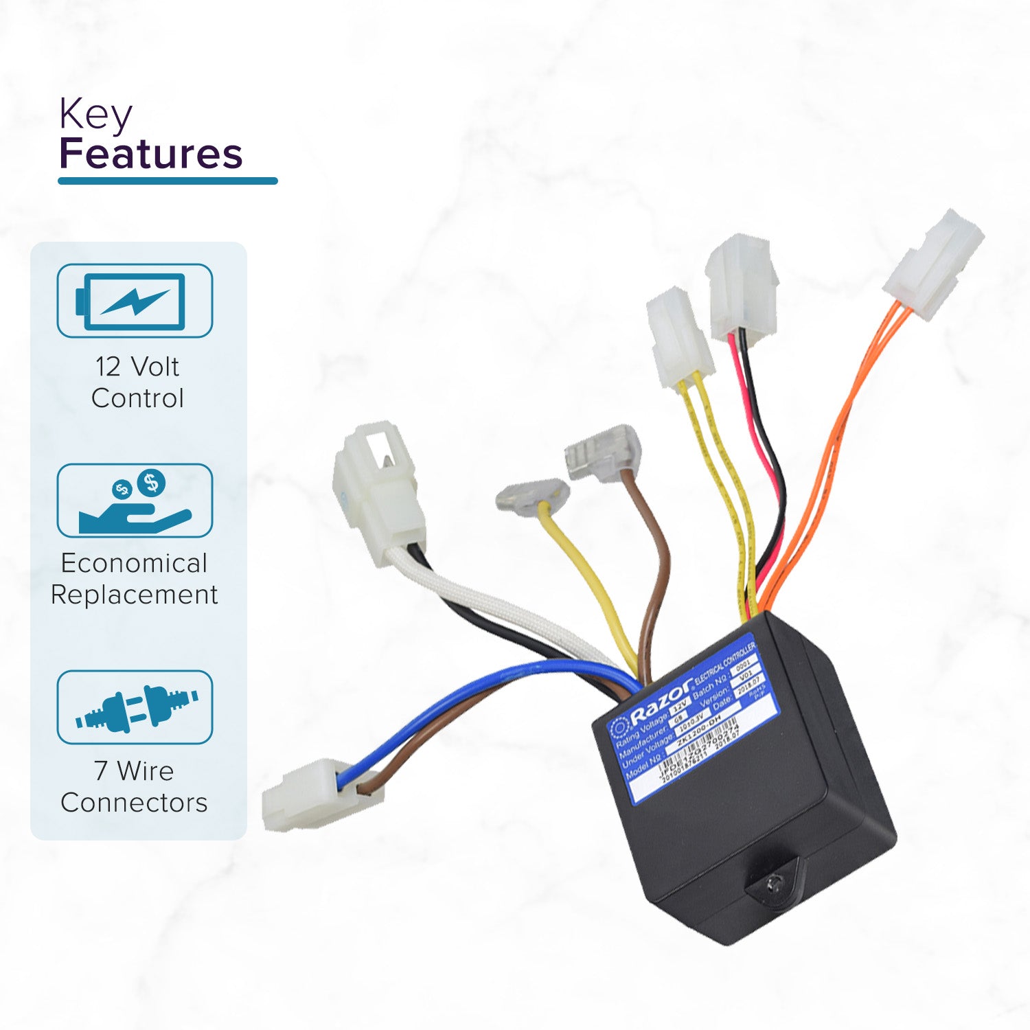 Control Module for Razor Power Core 90 (V1+), E90 (V1 - V2+), & Power Core E95 (V1+) Scooters, featuring a black box with multiple colored wires and seven connectors.