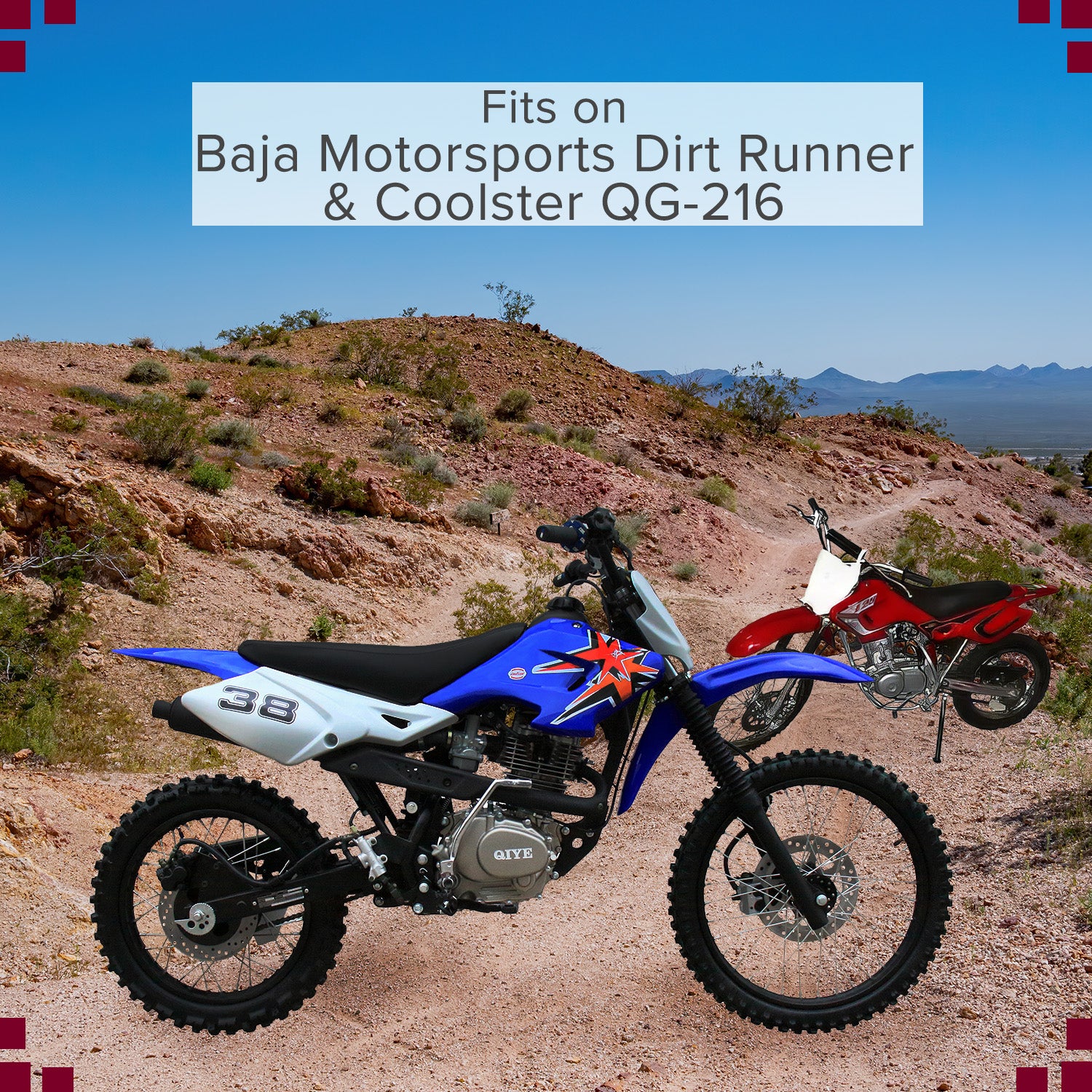 16x3.25/3.50 (90/100-16) Inner Tube for Baja Dirt Runner DR125, DR150, and X250 Dirt Bikes, shown on a dirt road with two motorcycles, highlighting its compatibility with rear tires.