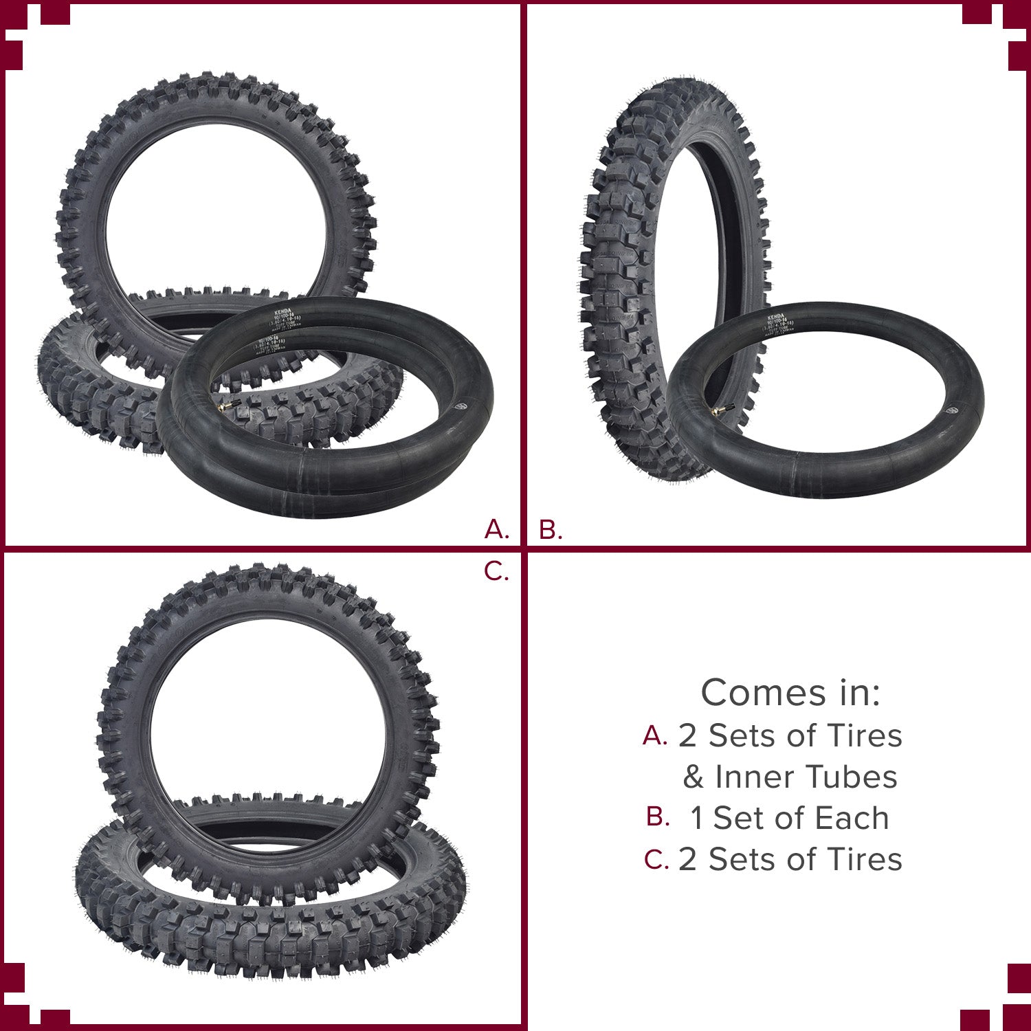 16x3.25/3.50 (90/100-16) Inner Tube for Baja Dirt Runner DR125, DR150, and X250 Dirt Bikes displayed among various tire collages, showcasing its straight valve stem and compatibility with multiple dirt bike models.