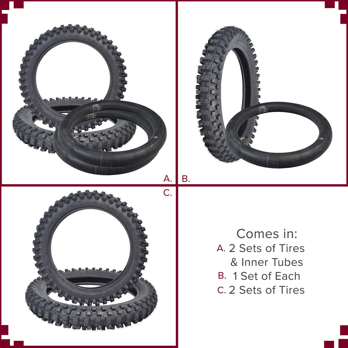 Collage of Kenda 90/100-16 Trakmaster II dirt bike tires with K760 tread, showcasing deep aggressive treads and robust construction, suitable for rear wheels on various dirt bikes.