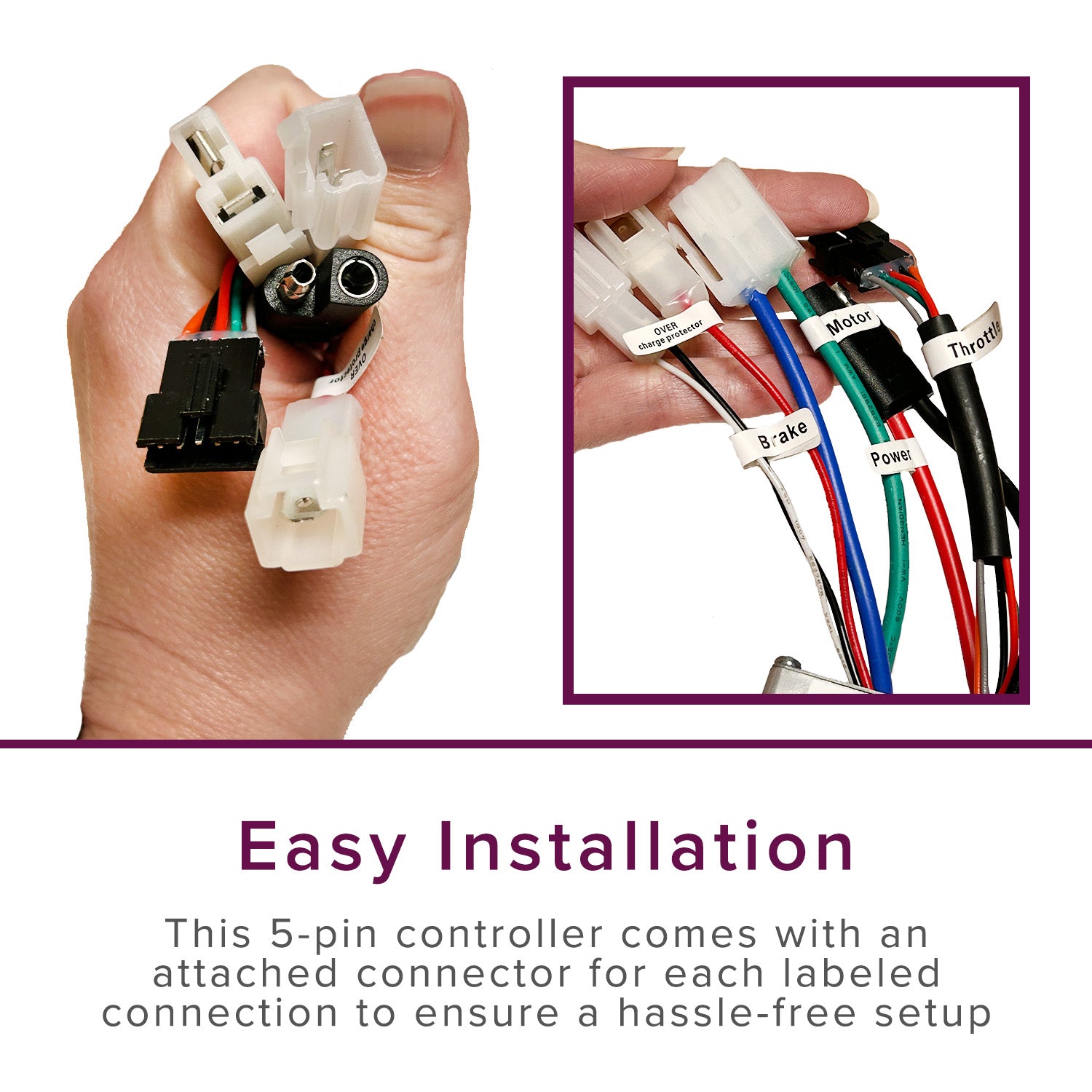 Hand holding the Currie 24 Volt 30A 5-Pin Controller with pre-installed connectors for Series 500, 650, 750, & 900 eZip, IZIP, Mongoose, & Schwinn Scooters, shown with several labeled wires.