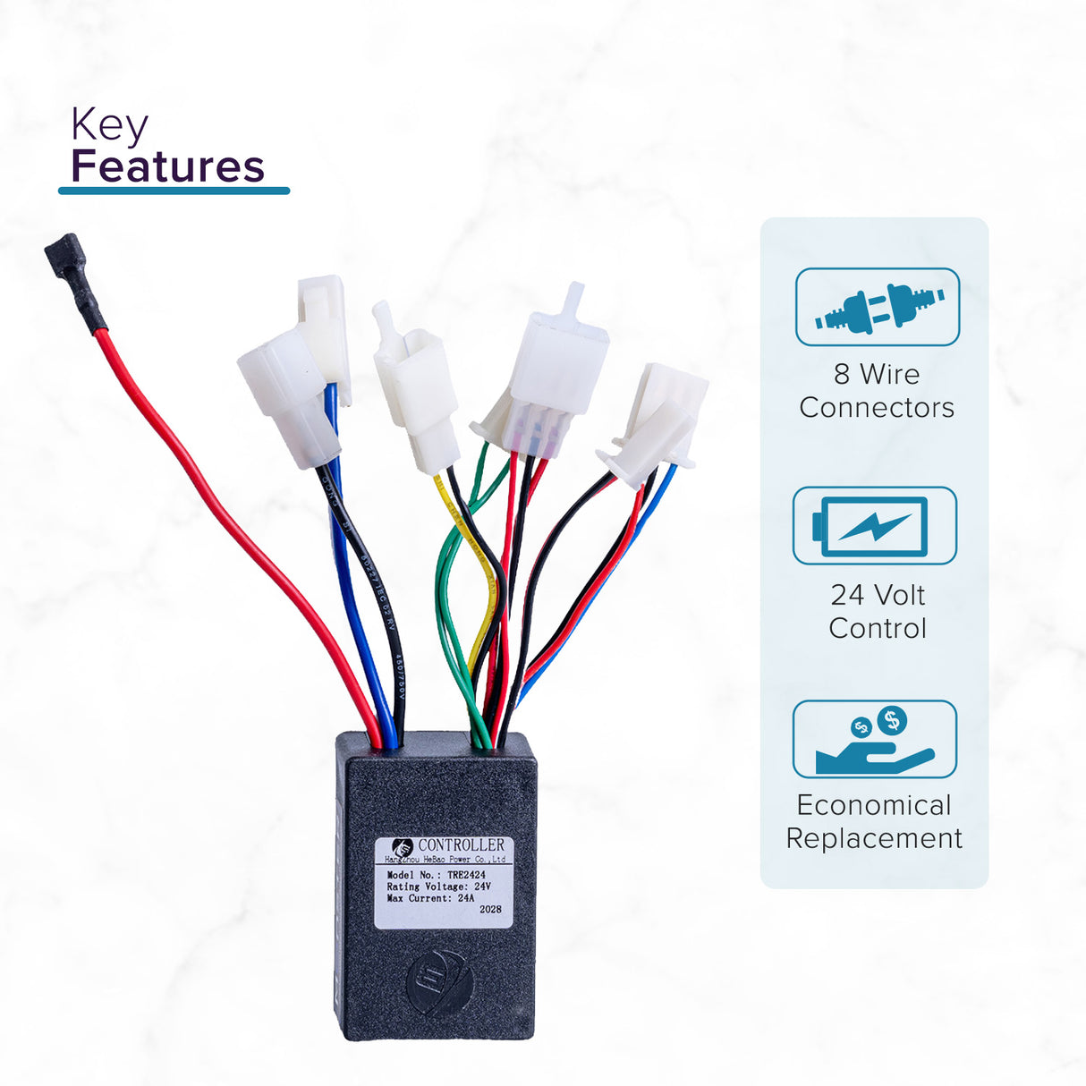 24 Volt 24 Amp TRE2424 Controller for the Pulse Super-C, featuring a black box with colorful wires and connectors, essential for replacing malfunctioning modules in electric scooters.