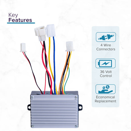 Close-up of the HB3650-TYD6A Control Module for the Razor Crazy Cart XL (Versions 1+), showcasing several colored wires, plug and play connectors, and a blue and white rectangle with a lightning bolt.