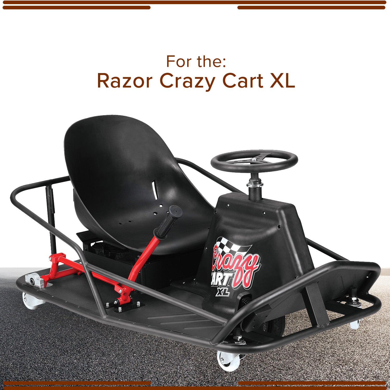 36 Volt Battery Pack for the Razor Crazy Cart XL, featuring a close-up of the black and red go-kart with visible logo and steering wheel.