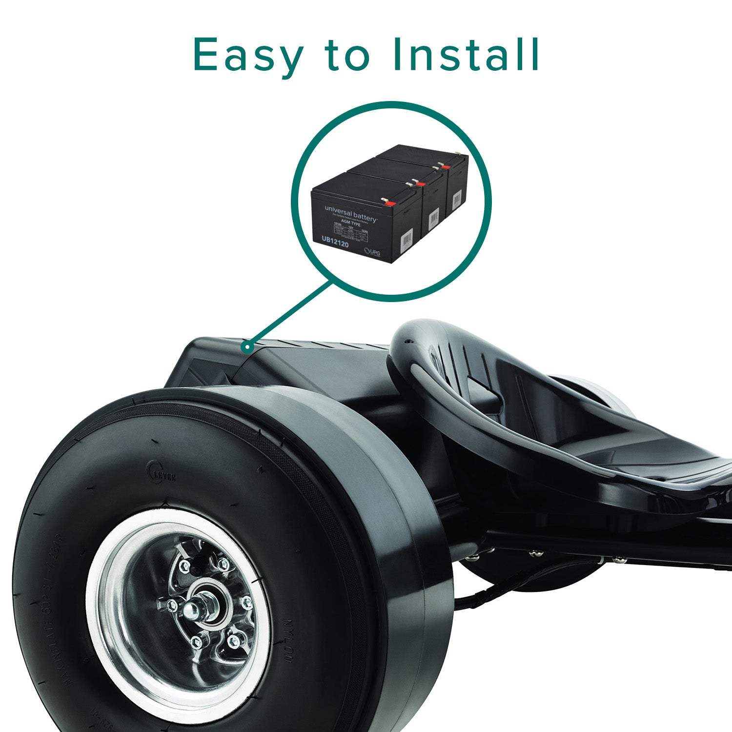 36 Volt Battery Pack for Razor DXT Electric Drift Trike, showing three 12V batteries with wiring harness, close-up of tire, wheel, and logo, highlighting high quality and affordability.