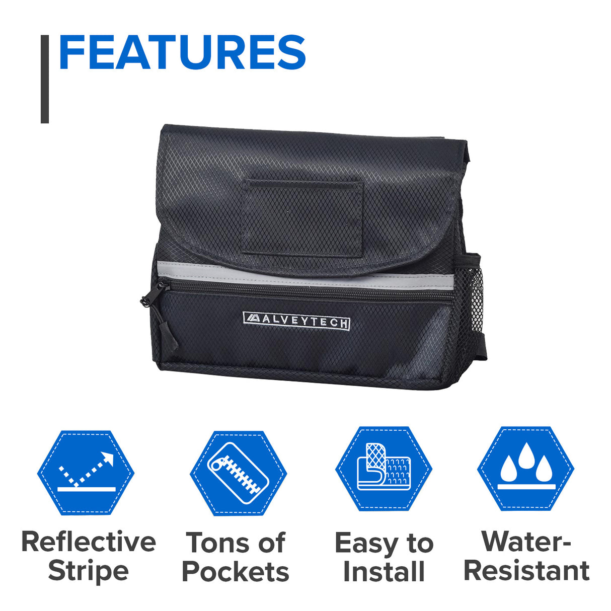 Saddle Bag for Mobility Scooters, Power Chairs, & Wheelchairs featuring durable black nylon with blue icons, zippered front pocket, multiple compartments, and reflective safety tape for enhanced visibility.