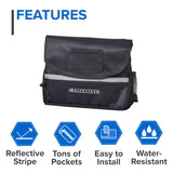 Saddle Bag for Mobility Scooters, Power Chairs, & Wheelchairs featuring durable black nylon with blue icons, zippered front pocket, multiple compartments, and reflective safety tape for enhanced visibility.